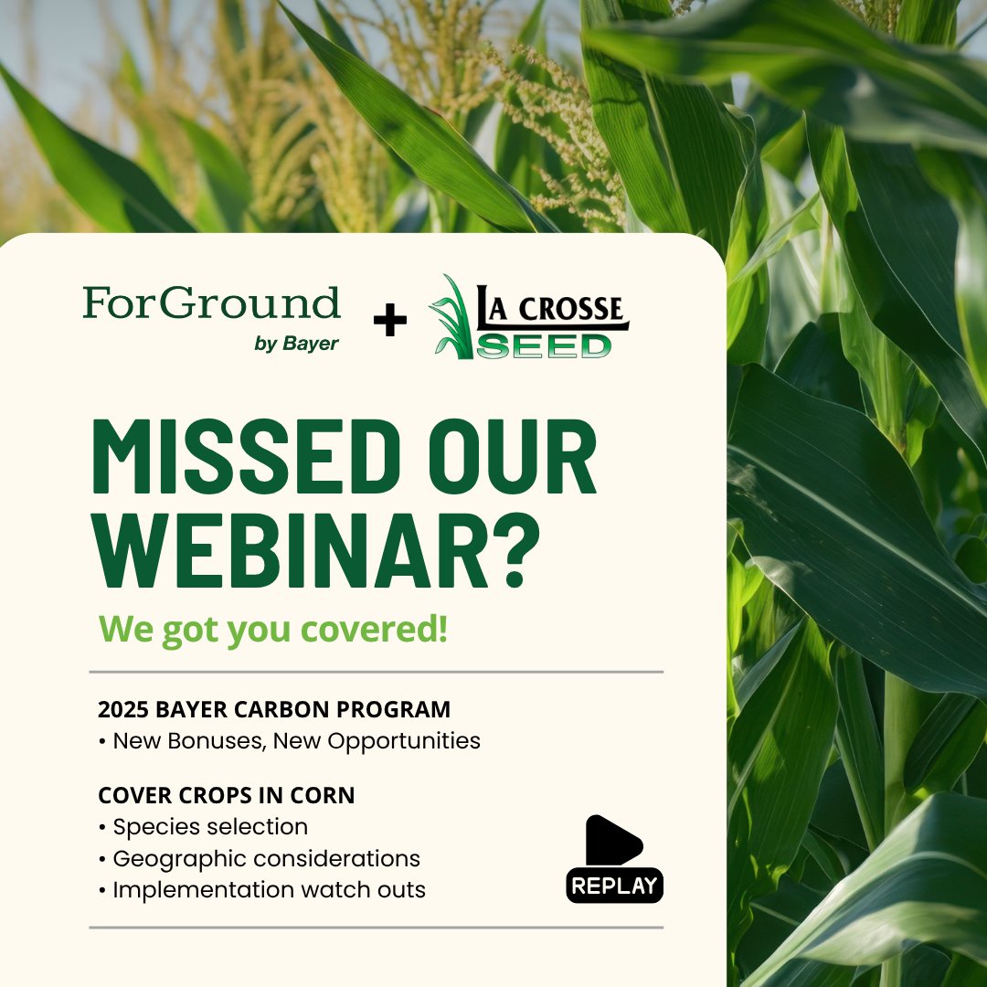 ForGround by Bayer (@forground_bayer) on Twitter photo 🌱 Missed the webinar? We’ve got you covered!
Catch the replay to learn what’s new in the 2025 Bayer Carbon Program—including bonus opportunities—and hear from <a href="/LaCrosseSeed/">La Crosse Seed, A DLF Division</a> on making cover crops work in corn.
🎥 Watch now: bit.ly/3GAA4t3 🌱 Missed the webinar? We’ve got you covered!
Catch the replay to learn what’s new in the 2025 Bayer Carbon Program—including bonus opportunities—and hear from <a href="/LaCrosseSeed/">La Crosse Seed, A DLF Division</a> on making cover crops work in corn.
🎥 Watch now: bit.ly/3GAA4t3