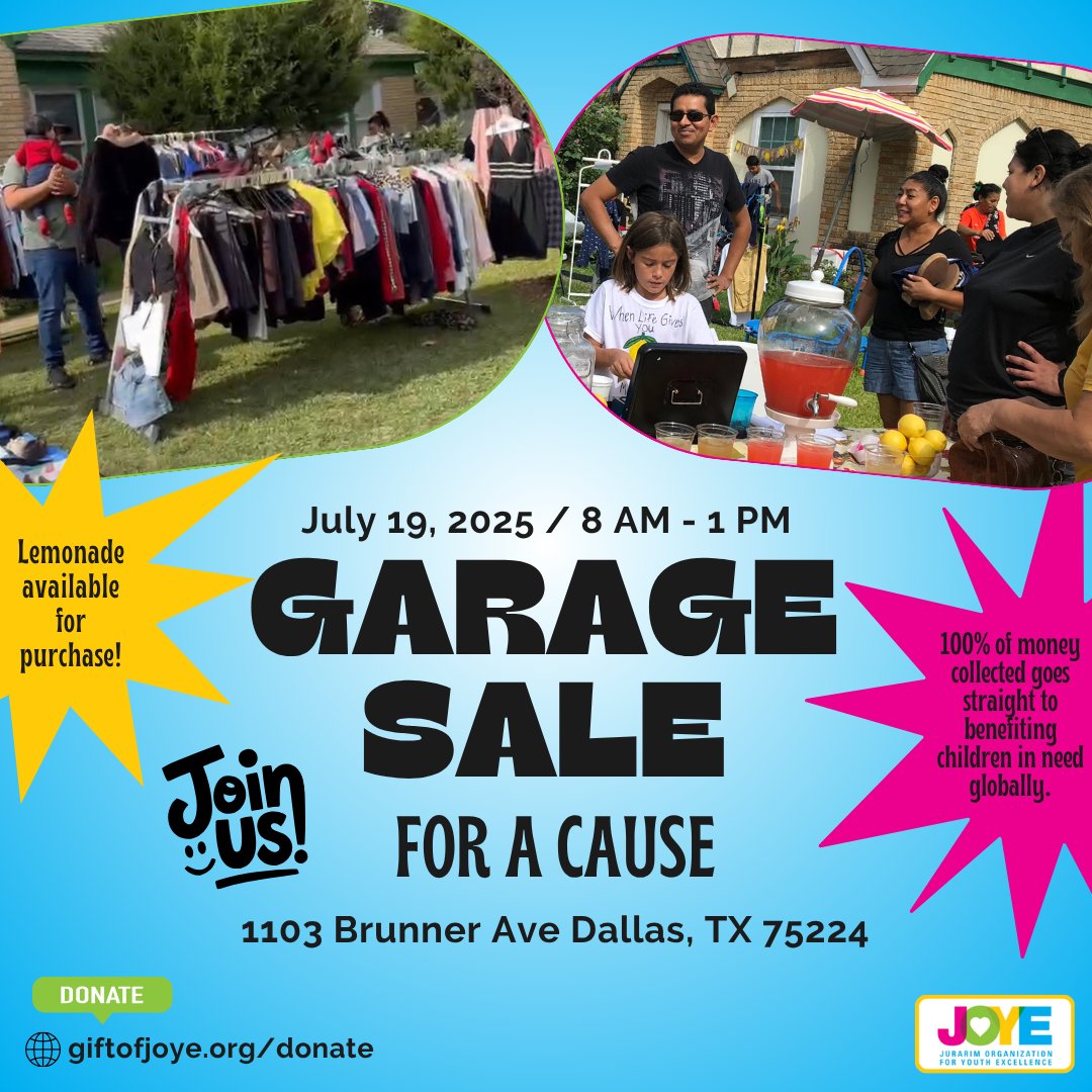 giftofjoye's tweet image. 👚 🍋 ✨ Garage Sale + Lemonade = JOYE July 19, 8AM–1PM @ 1103 Brunner Ave, Dallas. Every dollar = hope for kids 🌍 Details ➡️ giftofjoye.org #ShopForChange #DallasEvents #JOYEfulGiving