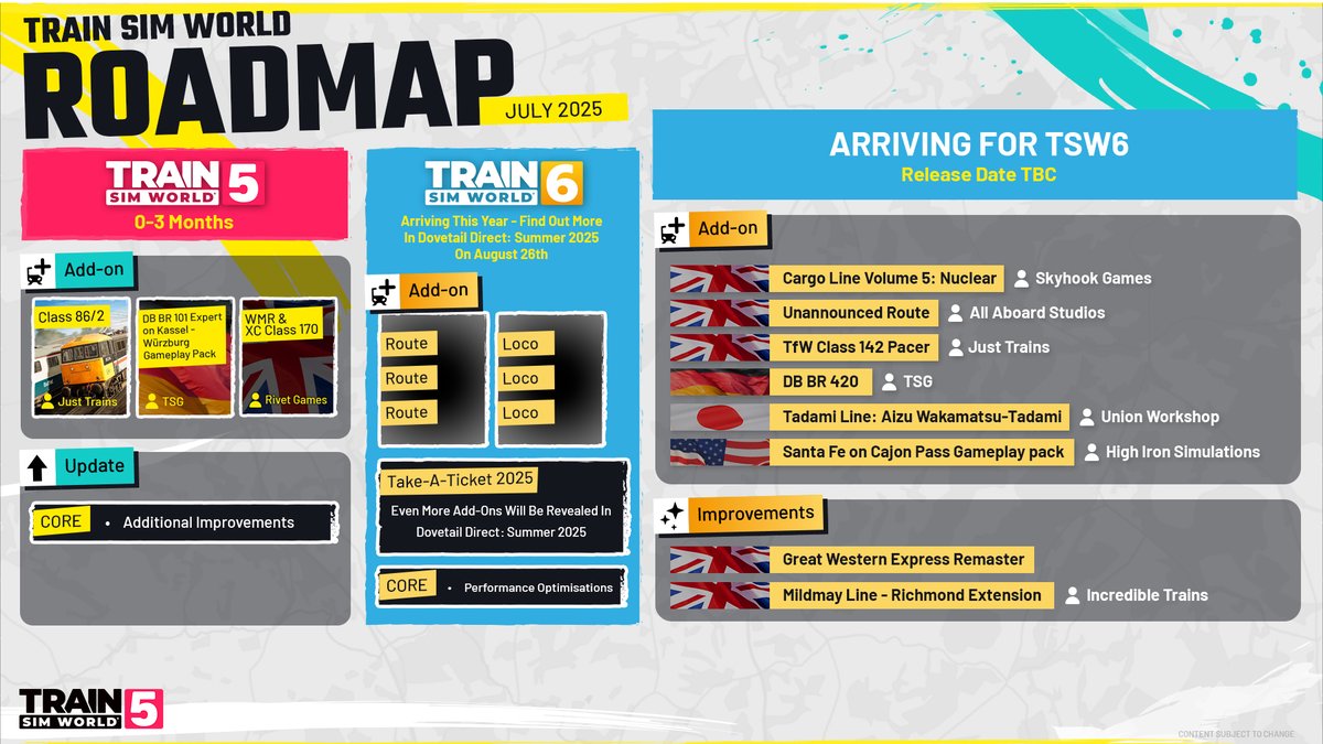 July Roadmap - Incoming! 🗺️

Train Sim World 6 is arriving later this year! 👀

Tune into Dovetail Direct on Tuesday 26th August at 2pm UTC for all the TSW6 details and more!

Check out our latest Roadmap article via bit.ly/train-sim-worl…