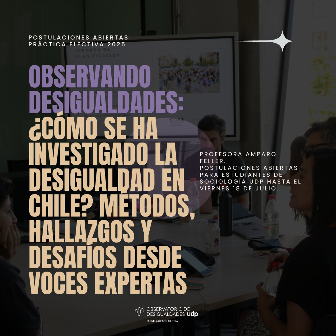 Odesigualdades's tweet image. 🧭 ¿Cómo se ha investigado la desigualdad en Chile? Este semestre parte la práctica electiva “Observando Desigualdades”, a cargo de @AmparoFeller. Teoría, entrevistas cualitativas y un podcast final. 📅 Postula hasta el 18 de julio 🔗 t.ly/1TAbe