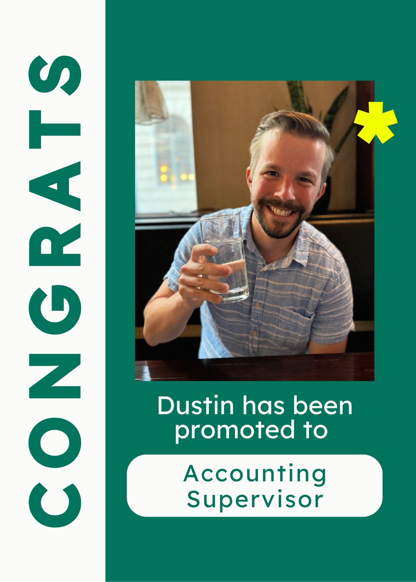 We are pleased to announce that Dustin has been promoted to Accounting Supervisor! 

His hard work, dedication to this team, and attention to detail have been unmatched - leading him to such an accomplishment. 

Cheers to new beginnings with Dustin and this team!