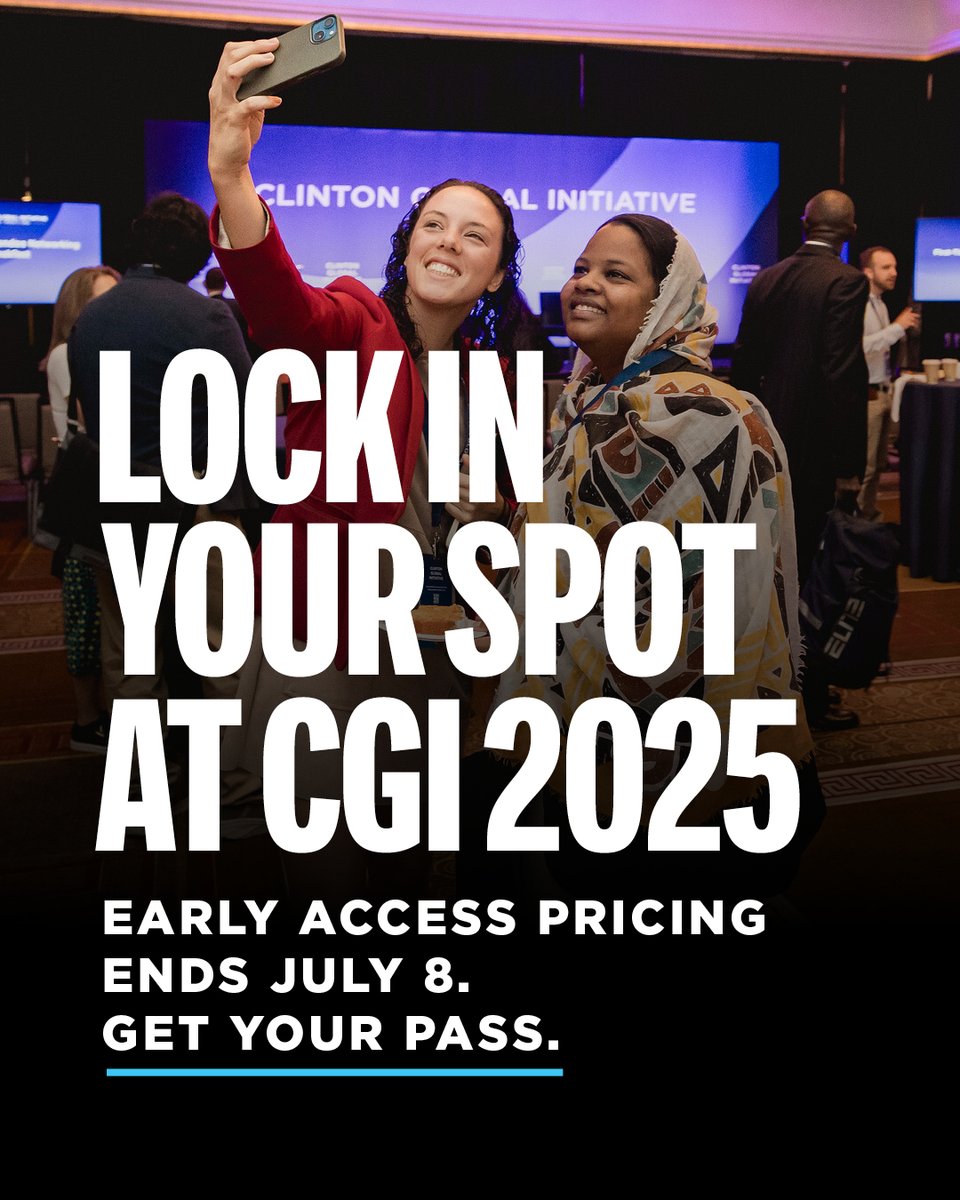 ClintonGlobal's tweet image. 🌎 Last chance to secure early access pricing for CGI 2025!
The challenges we face are urgent, but so are the opportunities. Now is the time to come together and take meaningful action. Join us in New York this September 24-25 → register.cf.events/en/reg/tickets…