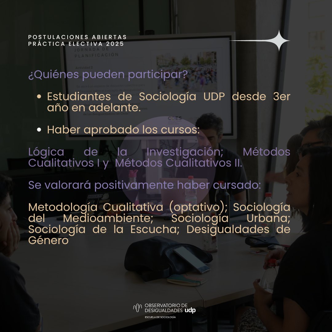 Odesigualdades's tweet image. 🧭 ¿Cómo se ha investigado la desigualdad en Chile? Este semestre parte la práctica electiva “Observando Desigualdades”, a cargo de @AmparoFeller. Teoría, entrevistas cualitativas y un podcast final. 📅 Postula hasta el 18 de julio 🔗 t.ly/1TAbe