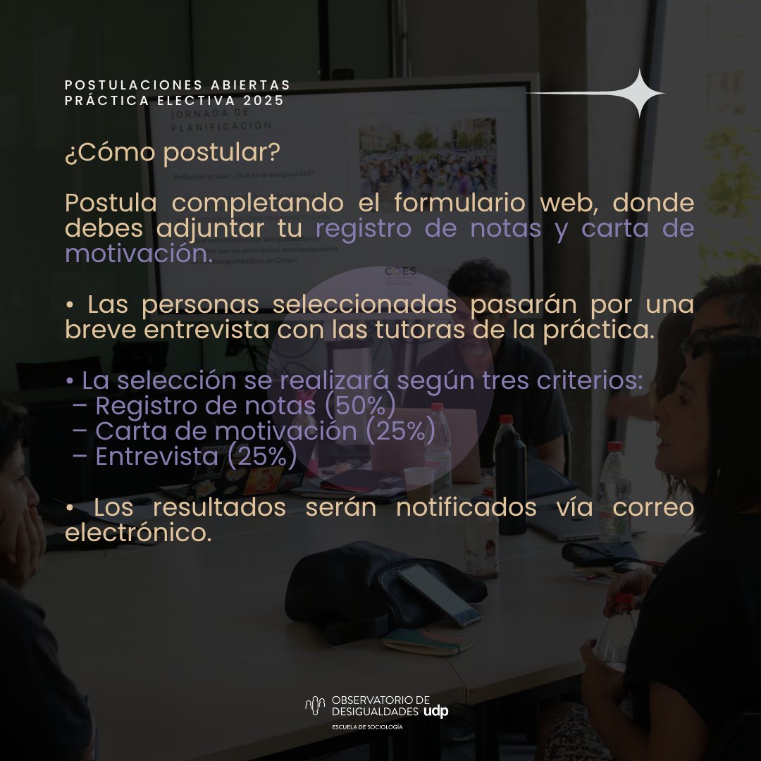 Odesigualdades's tweet image. 🧭 ¿Cómo se ha investigado la desigualdad en Chile? Este semestre parte la práctica electiva “Observando Desigualdades”, a cargo de @AmparoFeller. Teoría, entrevistas cualitativas y un podcast final. 📅 Postula hasta el 18 de julio 🔗 t.ly/1TAbe
