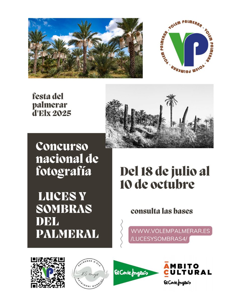 📸 Ya tenemos el IV concurso de fotografía del Palmeral en marcha.
🏆 Este año con un primer premio de 300€ a la pareja de fotos ganadora.
📢 Y exposición de las ganadoras i seleccionadas en el Ámbito Cultural del Corte Inglés de Elche.
👉volempalmerar.es/lucesysombras4/
#palmeraldeelche
