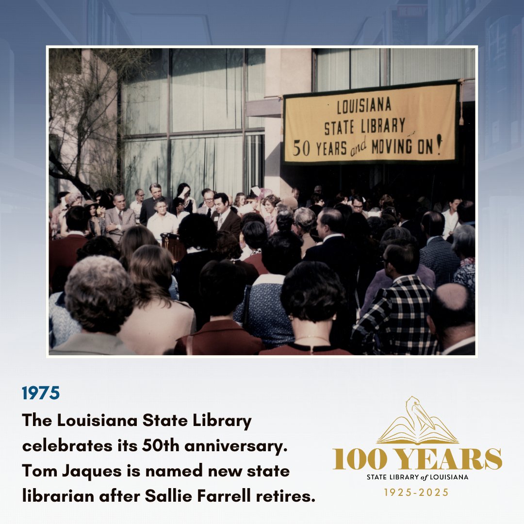 State Library of Louisiana (@statelibraryla) on Twitter photo <a href="/StateLibraryLA/">State Library of Louisiana</a> celebrates 100 years: In 1975, we celebrated our 50th anniversary and Sallie Farrell retired after 13 years as state librarian. Tom Jaques replaced her and helped move the State Library into the digital age. #louisianahistory #publiclibrary
<a href="/LouisianaLtGov/">Office of Lt. Gov. Billy Nungesser</a> <a href="/StateLibraryLA/">State Library of Louisiana</a> celebrates 100 years: In 1975, we celebrated our 50th anniversary and Sallie Farrell retired after 13 years as state librarian. Tom Jaques replaced her and helped move the State Library into the digital age. #louisianahistory #publiclibrary
<a href="/LouisianaLtGov/">Office of Lt. Gov. Billy Nungesser</a>