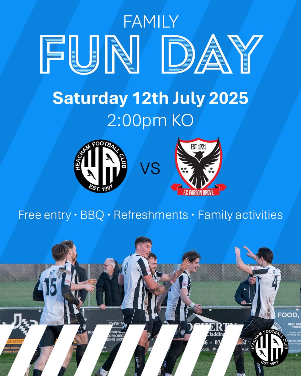Join us for our Family Fun Day on Saturday 12th July as we host FC Parson Drove as part of our first team pre-season fixtures ⚫ ⚪ .

🎉 Win a signed shirt and £25 with our football card!
⏱️ 2:00pm kick off
⚽ FREE entry
🥅 Family activities
🍔 BBQ and refreshments