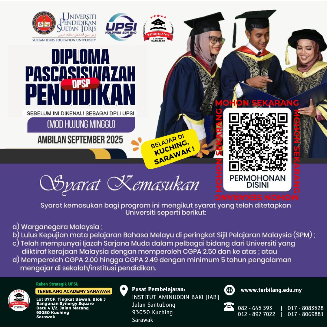 TerbilangAcdemy's tweet photo. DIPLOMA PENDIDIKAN LEPASAN IJAZAH (DPLI) UPSI

📍Pusat Pembelajaran: Institut Aminuddin Baki Sarawak

📅 Tarikh tutup: 31 Julai 2025

𝐃𝐀𝐅𝐓𝐀𝐑 𝐒𝐄𝐊𝐀𝐑𝐀𝐍𝐆
🔗Pra-Pendaftaran: https://t.co/YSYU4q5kYr

Layari: https://t.co/Fd8hq8fu65

📢 Berpeluang menjadi pendidik! https://t.co/raZ953oFYe