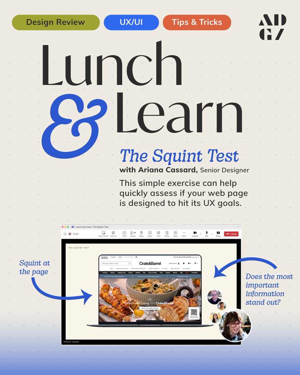 ADGCreative's tweet photo. 👀 Ever heard of The Squint Test? At our recent ADG Creative L&amp;L, Senior Designer Ariana shared a simple UX evaluation trick she picked up from a @nngroup course.

Read Ariana’s full blog post: 👇 linked below

 #UXDesign #LunchAndLearn #WebDesign #TheSquintTest #CreativesOfADG https://t.co/o4SHuFzzrI