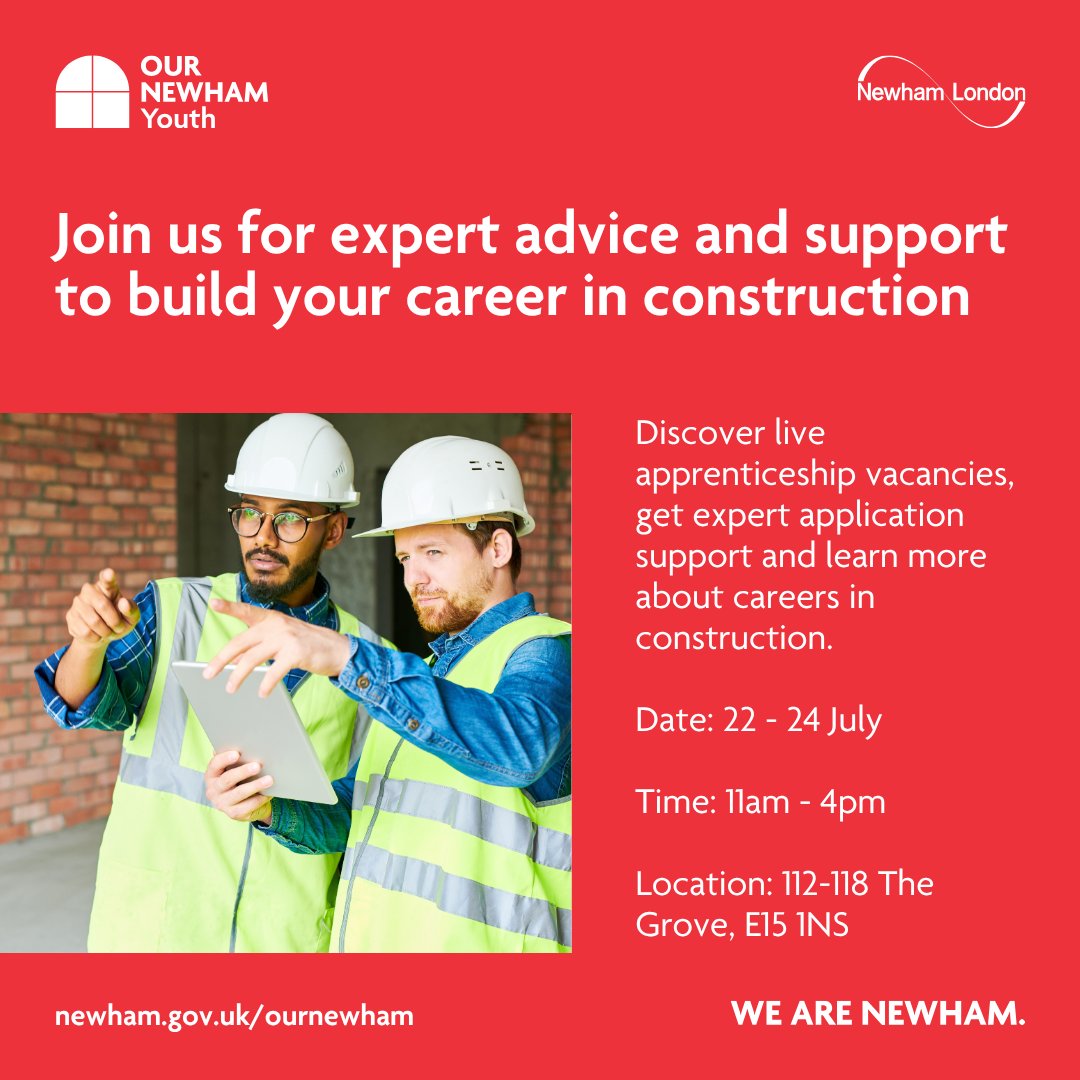 📢 2 WEEKS TO GO: Thinking about a career in construction? Join the <a href="/OurNewham/">Our Newham</a> Construction Event!

💼 Meet top employers
📝 Get help with applications on-site
🤝 Talk to Employment Engagement Officers

Register now ⬇️
orlo.uk/sFS7p

#Apprenticeship #ConstructionCareers