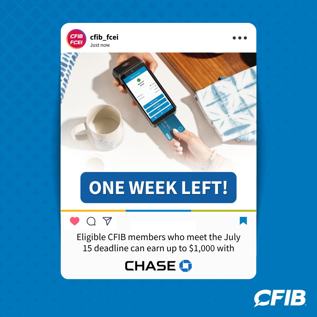CFIBNews's tweet image. ⏳ One week left! CFIB members: Open a new account with @Chase by July 15 for a chance to earn up to $1,000.
Whether you're selling in-store or online, our trusted partner, Chase, offers smart and secure payment solutions to keep your business running smoothly.
🔗 Learn more:…