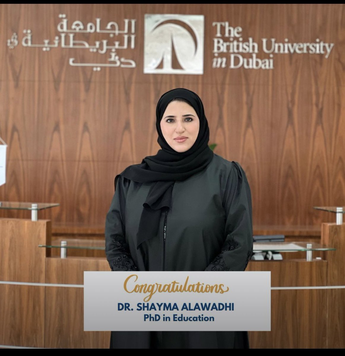 Please join me in congratulating our doctoral student  Shayma Alawadh for passing her doctoral Viva. She was supervised by Dr. Ahmed Abubakr. Shayma  is #178 doctoral graduate for the Faculty of Education.
<a href="/buid_team/">The British University in Dubai</a>