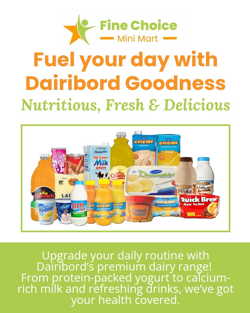FineChoiceMarts's tweet photo. 🥛 Fuel Your Day with Dairibord’s Premium Dairy Goodness! 🌟

At Fine Choice Mini Mart, we bring you the creamiest, freshest, and most nutritious dairy products from Dairibord—Zimbabwe’s trusted name in quality!

🛒 Or shop online: https://t.co/YocyFesK7e https://t.co/odr0xE6lG4