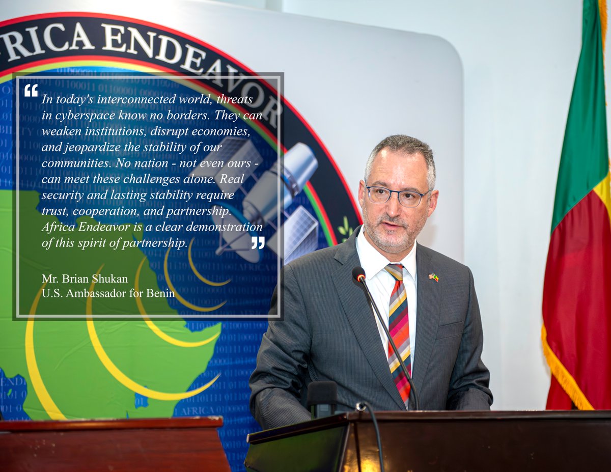 USAfricaCommand's tweet image. Africa Endeavor 2025
“In today’s interconnected world, threats in cyberspace know no borders... Real security requires trust, cooperation, and partnership.” – Amb. Brian Shukan
#AfricaEndeavor2025 #AE2025 #CyberSecurity #AFRICOM #Partnership #Benin @USEmbassyBenin