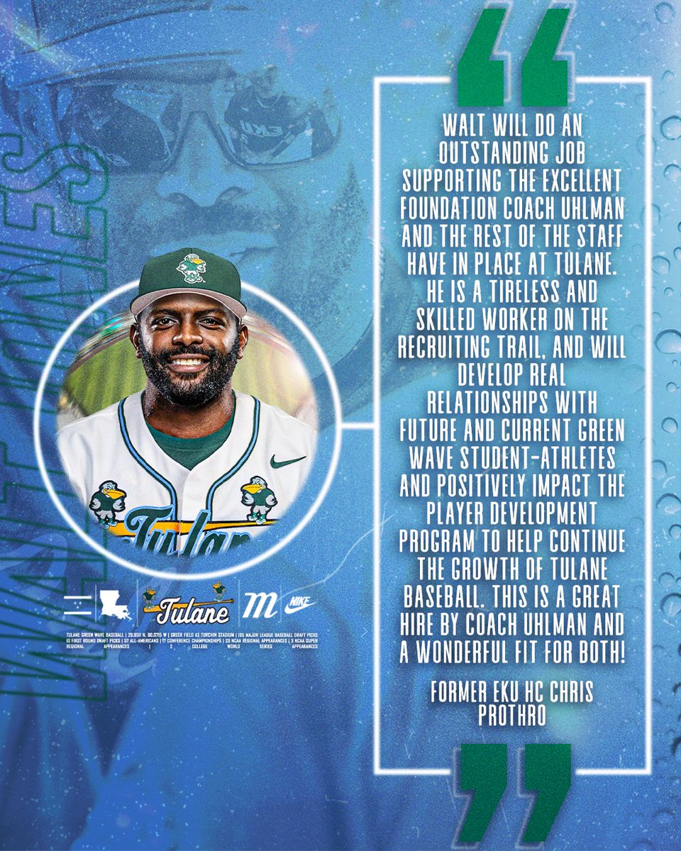Tulane Baseball (@greenwavebsb) on Twitter photo 🗣️ Former EKU head coach Chris Prothro has nothing but positive things to say about the addition of Walt Jones to our staff!
#RollWave 🌊⚾️ 🗣️ Former EKU head coach Chris Prothro has nothing but positive things to say about the addition of Walt Jones to our staff!
#RollWave 🌊⚾️