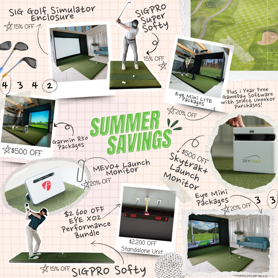 🔥 The BIGGEST Savings of the Summer are HERE! 🔥
Now’s your chance to upgrade your setup with major discounts on everything from SIGPRO Golf Mats, Hitting Strips, and Enclosures to packages and launch monitors from Uneekor, SkyTrak, FlightScope, Garmin, and more! 🎯

🏌️‍♂️