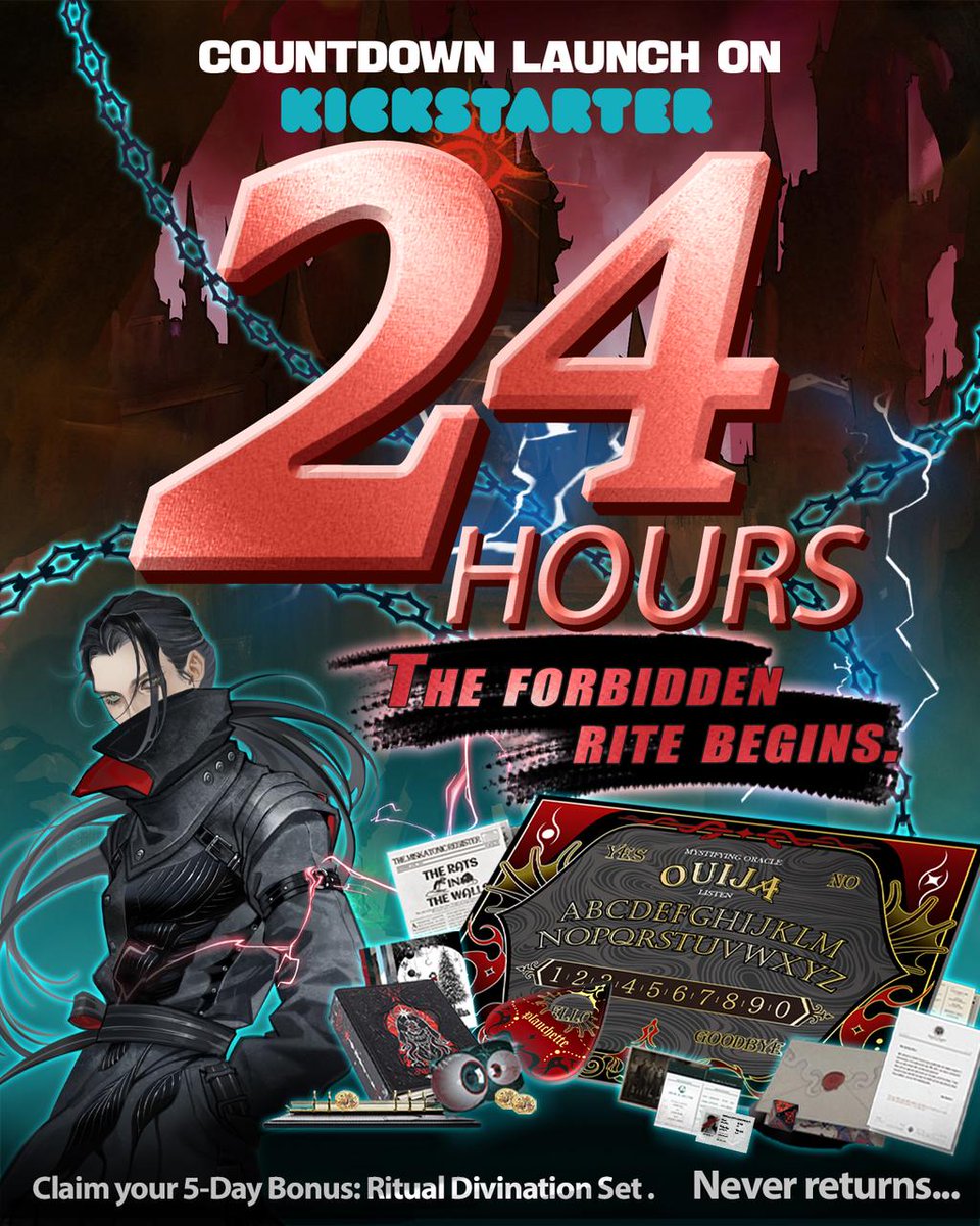 tin_universe's tweet photo. ⏳ 24 HOURS TO THE RITE
Kickstarter launches July 9, 10:00 AM EDT.
The ritual begins. The gate opens. Will you answer the call?
🎲 EARLY BACKER BONUS:
Pledge in the first 5 days to get the exclusive Crimson Ritual Set—never returning!
Stay sane. 👁🗨 https://t.co/V5EF4NEnUW