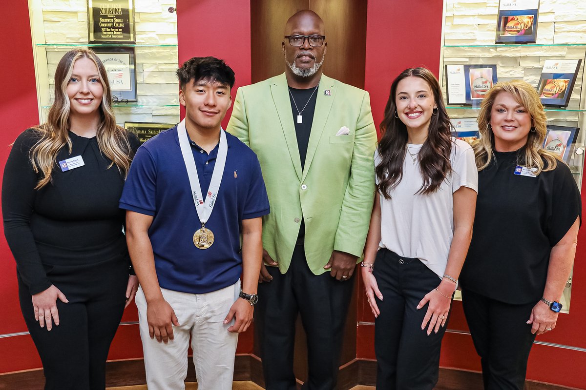 NWSCC's tweet image. Northwest Shoals students proved they are among the nation’s elite as Byron Cotoc-Perez, of Florence, won the gold medal and Olivia Hill, of Savannah, Tenn., placed fourth in the national #SkillsUSA Championships in Atlanta. READ MORE ➡ nwscc.edu/nwscc-barberin… #nwscc #GoPatriots