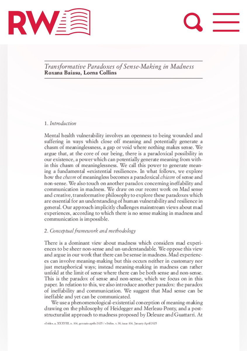 sensinglorna's tweet image. The 2nd in the provocative trilogy of papers on #madness, #creativity & #sense I wrote with Roxana Baiasu is out in Italian philosophy journal “Iride”. We find meaning and sense in #madness (both vulnerable and resilient). This is #ACreativeTransformation.
rivisteweb.it/doi/10.1414/11…