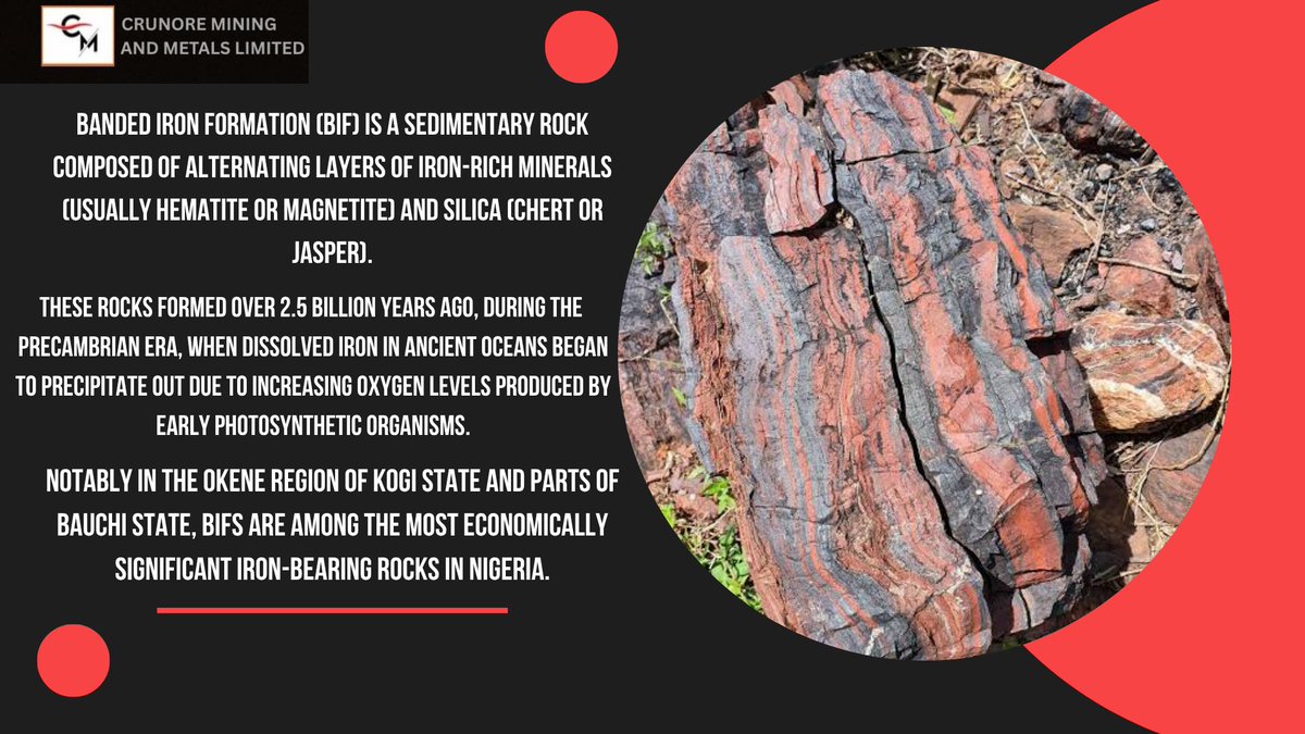 CrunoreMining's tweet photo. In Nigeria, Banded Iron Formations (BIFs) are found across several regions, especially within the Precambrian Basement Complex and schist belts. Notable deposits occur in Kogi, Enugu, Kaduna, and Zamfara States, making Nigeria a significant location for iron ore potential. https://t.co/3URO6uuuJU