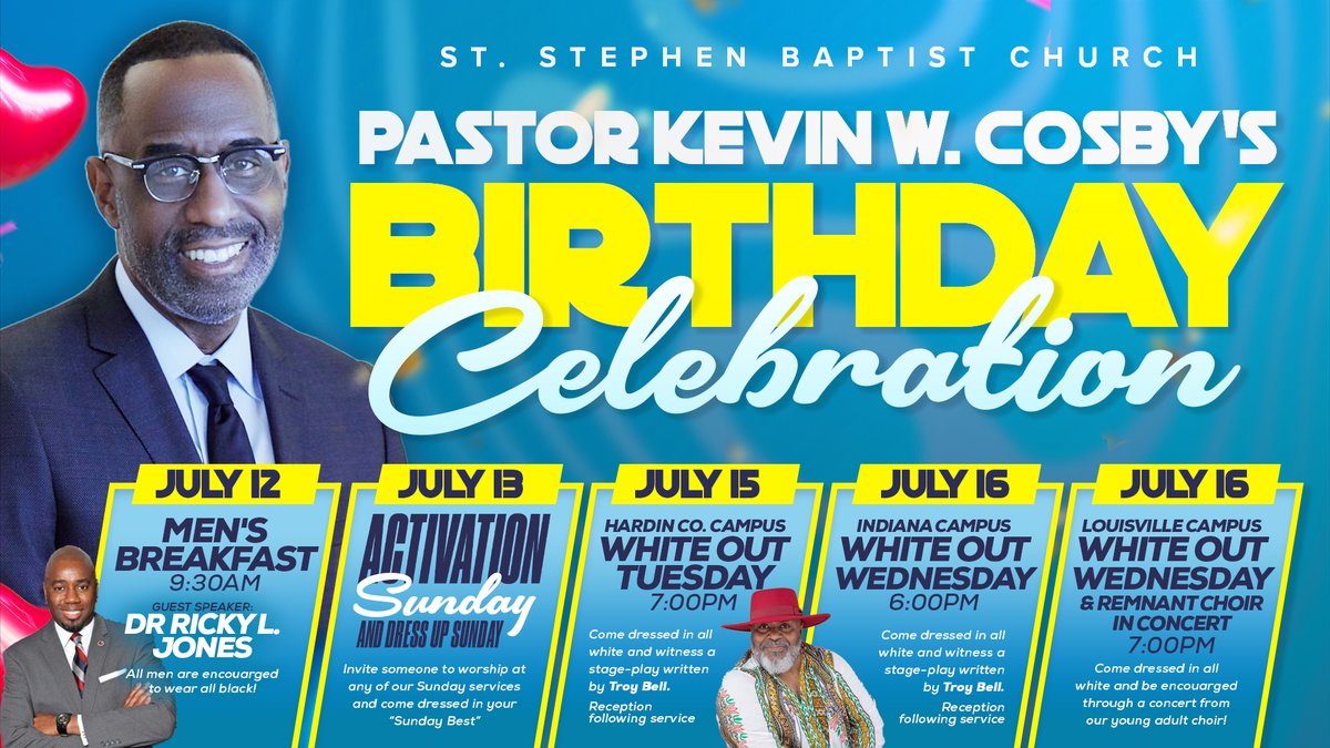 ssclive's tweet image. Celebrate Pastor Kevin W. Cosby’s birthday with a week of events July 12–16. See the full schedule and join the celebration! #PastorCosby #Birthday #ssclive @KWCosby