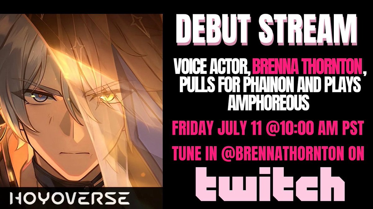STREAM DEBUT✨
Come kick off my first stream by exploring Amphoreus with me and witnessing my crippling gambling addiction!

FRI. JULY 11 @ 10AM PST @ brennathornton ON TWITCH

#stream #twitch #honkaistarrail #genshinimpact #actor #voiceactor