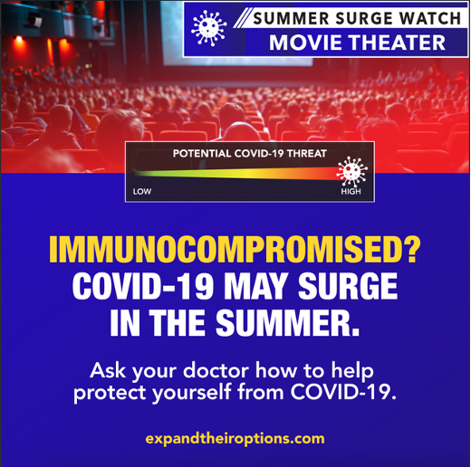 Invivyd's tweet image. Temperatures are surging this summer. COVID-19 risk for immunocompromised people may be too. So before heading into an air-conditioned hotspot, ask your doctor how to help protect yourself from #COVID19. Discover more: bit.ly/442B16q