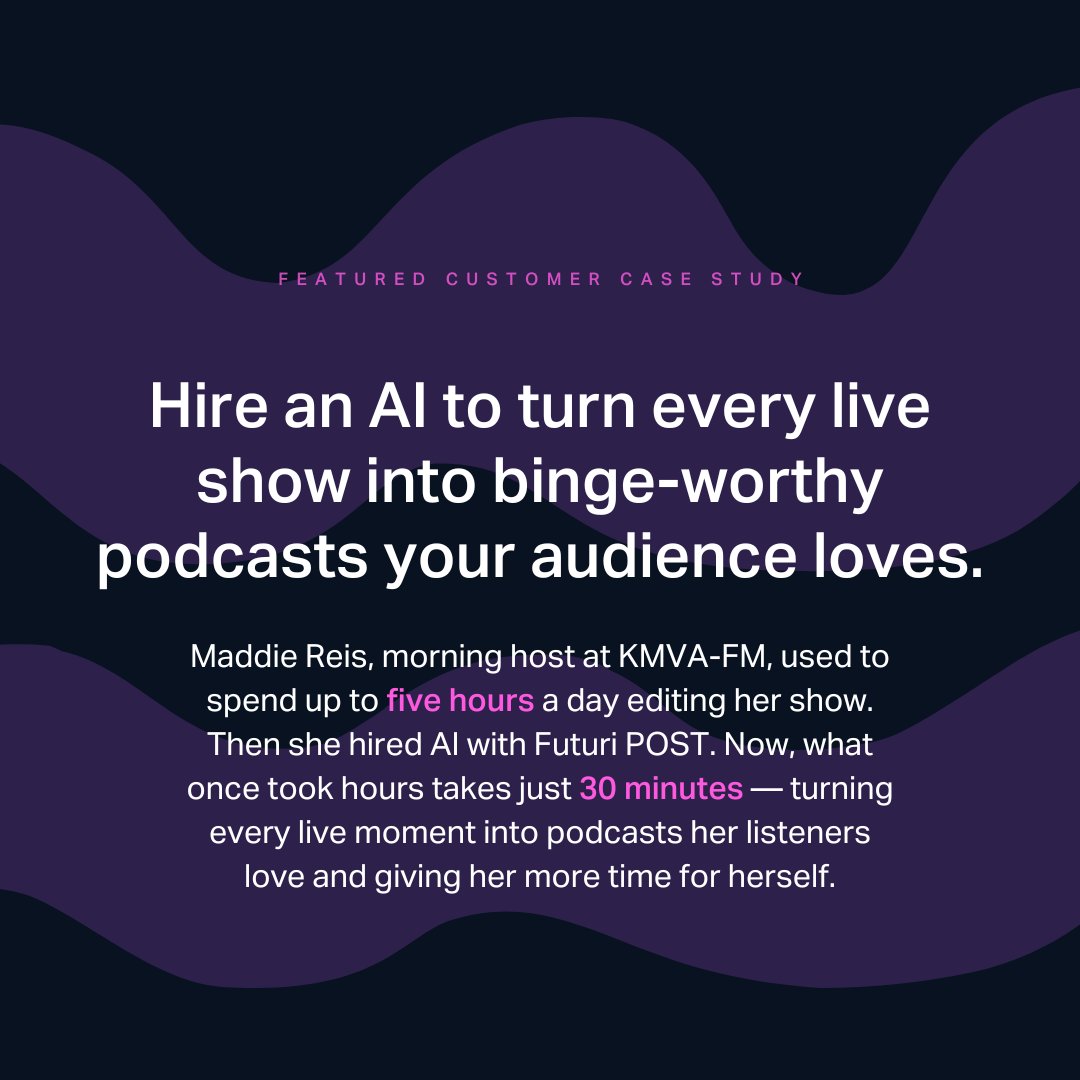 FUTURIinc's tweet image. Solo show? No problem.

See how KMVA-FM’s Maddie R slashed hours of production time daily — and grew her podcast audience — thanks to Futuri POST. 

 #Podcasting #AudienceEngagement #DigitalContent #BroadcastMedia #HireAnAI