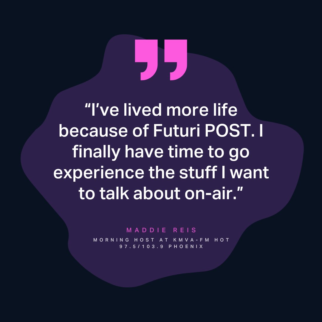 FUTURIinc's tweet image. Solo show? No problem.

See how KMVA-FM’s Maddie R slashed hours of production time daily — and grew her podcast audience — thanks to Futuri POST. 

 #Podcasting #AudienceEngagement #DigitalContent #BroadcastMedia #HireAnAI