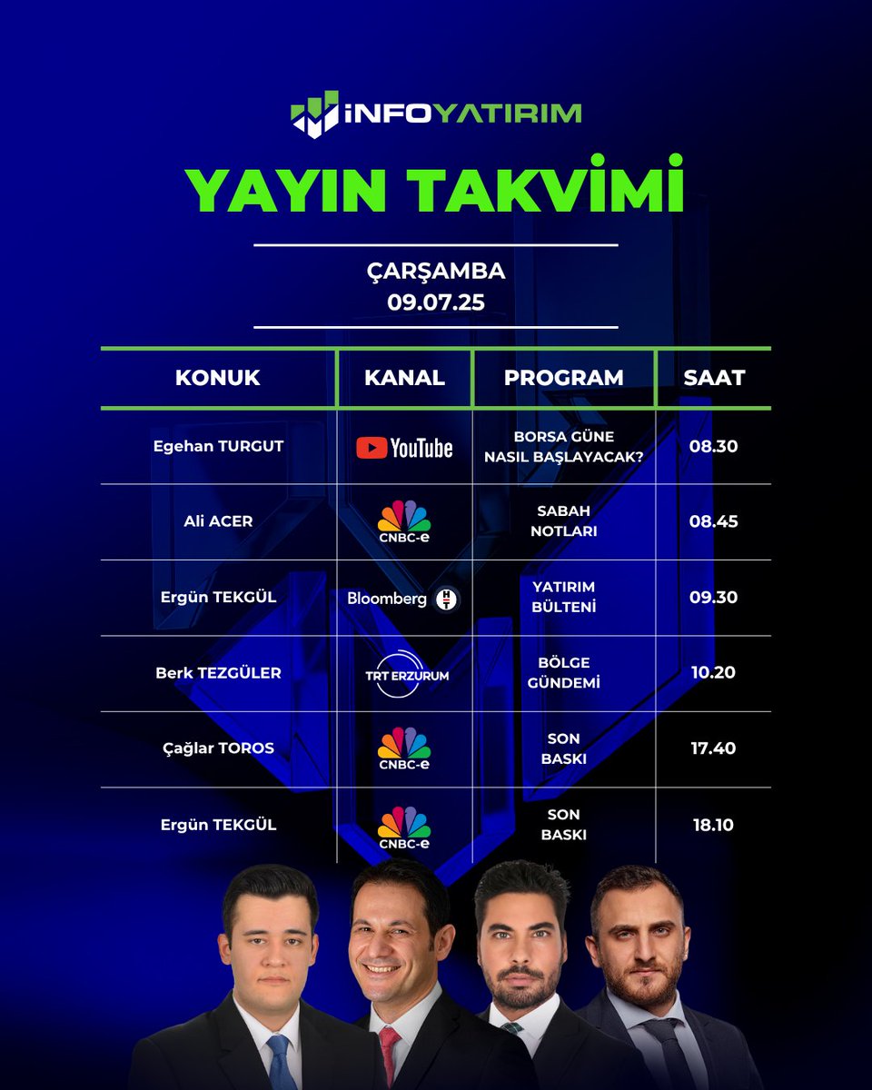 İnfo Yatırım Menkul Değerler (@infoyatirim) on Twitter photo 9 Temmuz Çarşamba | Canlı Yayın Takvimi
<a href="/egehan_turgut/">Egehan Turgut</a> , <a href="/fx_trader__/">ALİ ACER - Exitus</a> , <a href="/erguntekgul/">Ergün TEKGÜL</a> , Berk Tezgüler, <a href="/caglartoros/">Çağlar Toros</a> 9 Temmuz Çarşamba | Canlı Yayın Takvimi
<a href="/egehan_turgut/">Egehan Turgut</a> , <a href="/fx_trader__/">ALİ ACER - Exitus</a> , <a href="/erguntekgul/">Ergün TEKGÜL</a> , Berk Tezgüler, <a href="/caglartoros/">Çağlar Toros</a>