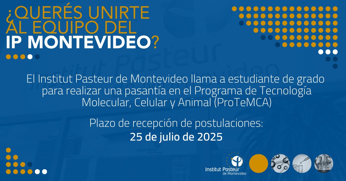 IPMontevideo's tweet image. ¡Llamado abierto!
El Institut Pasteur de Montevideo llama a estudiante de grado para realizar una pasantía en el Programa de Tecnología Molecular, Celular y Animal (ProTeMCA).
📅 Plazo para postular: 25 de julio de 2025
ℹ️ Más info: bit.ly/3TqzXDt