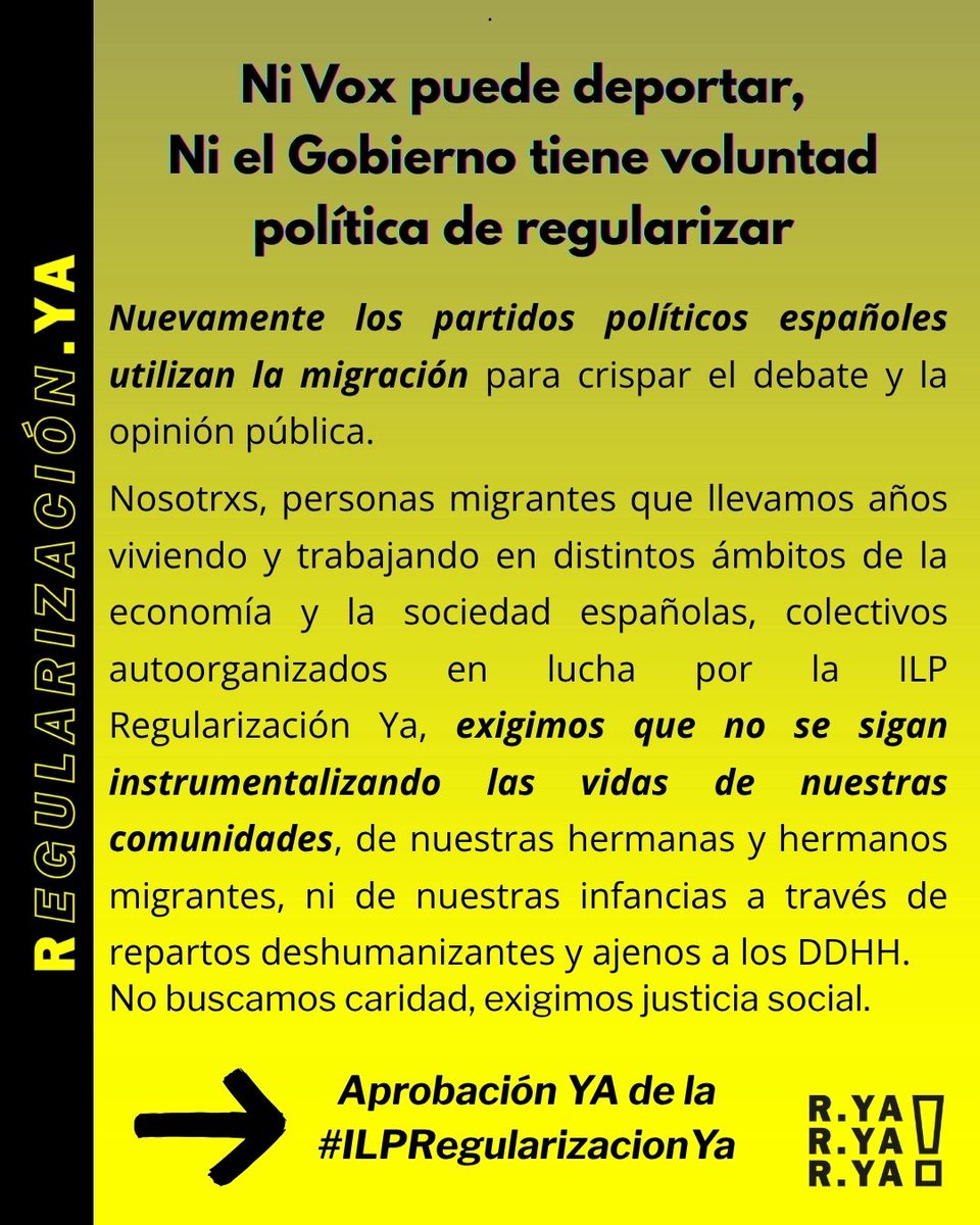 ‼️Ni Vox puede deportar ni el Gobierno tiene voluntad política de regularizar.
Nuevamente los partidos políticos españoles utilizan la migración para crispar el debate y la opinión pública. 

No buscamos caridad, exigimos justicia social y aprobación de la #ILPRegularización✊🏾