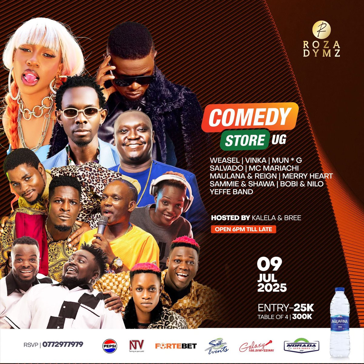 This star-studded lineup 🙌🏽🙌🏽💥💥. Join us tomorrow for the weekly Comedy show in Kampala  <a href="/RozaDymz/">Roza Dymz Kla</a> Kololo #ComedyStoreWednesdays 

Entrance:25k, 300k a table of 4 

Hosted by <a href="/AlexMuhangi/">Alex Muhangi</a>, <a href="/kalelacomedian/">#1Musoga1Chapat</a>, <a href="/brendiebai/">Busingye (Bree)</a>