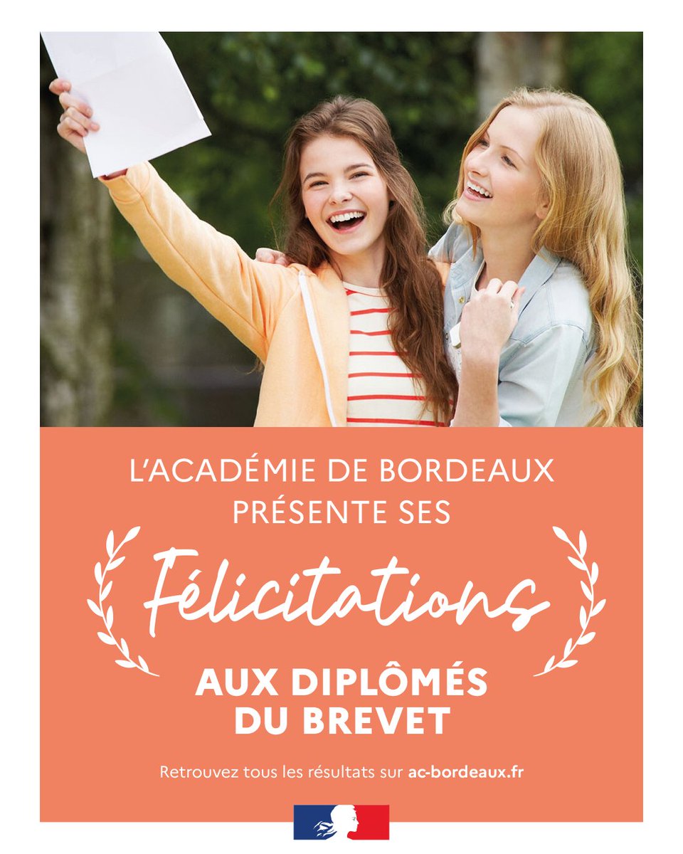 🎉Félicitations à tous les élèves de troisième qui ont obtenu le diplôme national du Brevet

🌴L’académie de Bordeaux vous souhaite de bonnes vacances

👉Retrouvez tous les résultats du baccalauréat sur le site de l’académie de Bordeaux : resultats.examens-concours.gouv.fr/accueil