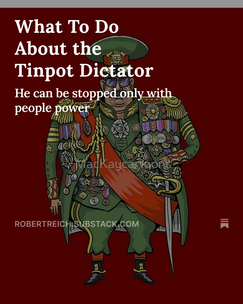 Never before in US history has one man exercised such unbridled discretion affecting the lives of so many, while simultaneously preventing others from having a say or even knowing what he’s going to do next.

This, my friends, is called a dictatorship. robertreich.substack.com/p/sunday-thoug…