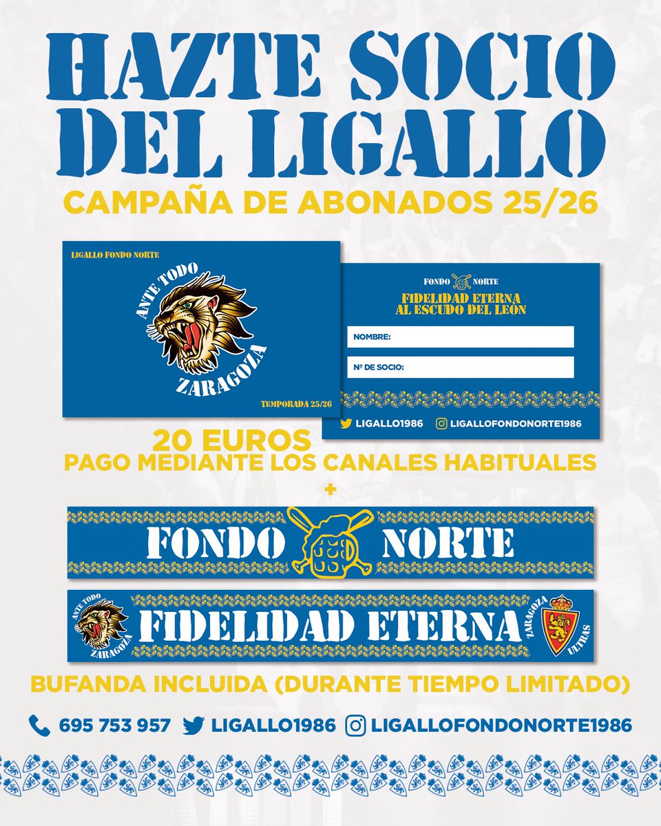 CAMPAÑA DE ABONADOS 25-26❗️
Como viene siendo habitual por estas fechas, sacamos la campaña de abonados de Ligallo Fondo Norte.
Como siempre son 20€ a pagar mediante bizum (+34 695 753 957), transferencia o en mano.