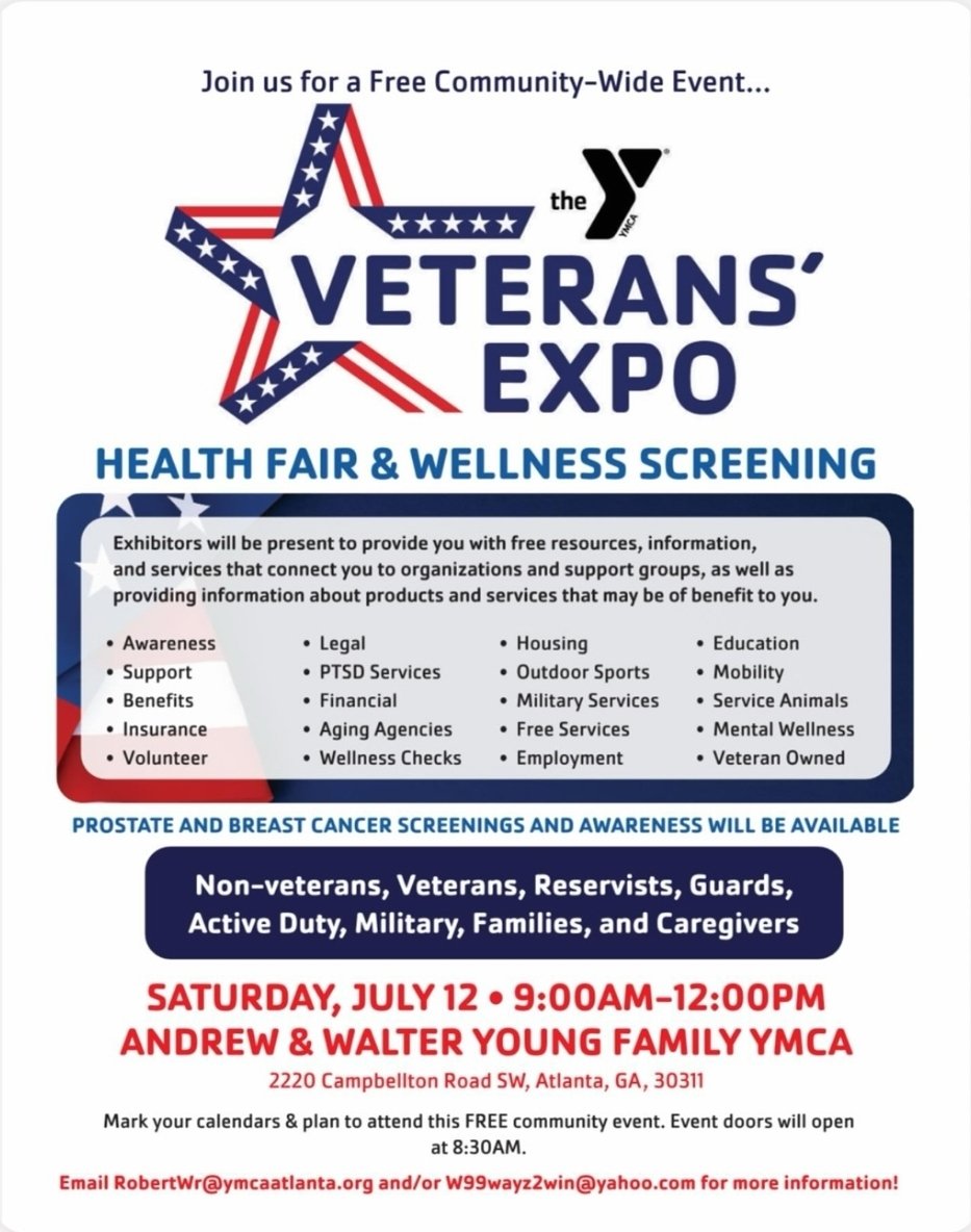 🇺🇸 99 Wayz 2 Win Foundation presents 🇺🇸 Veterans Fair &amp; Wellness Screening! This Saturday, 12 July, at the Andrew &amp; Walter Young Family YMCA in Atlanta, Ga. Calling all Caretakers, Family Members, Veterans, &amp; the Community! This event is free &amp; open to the public. SEE YOU THERE!