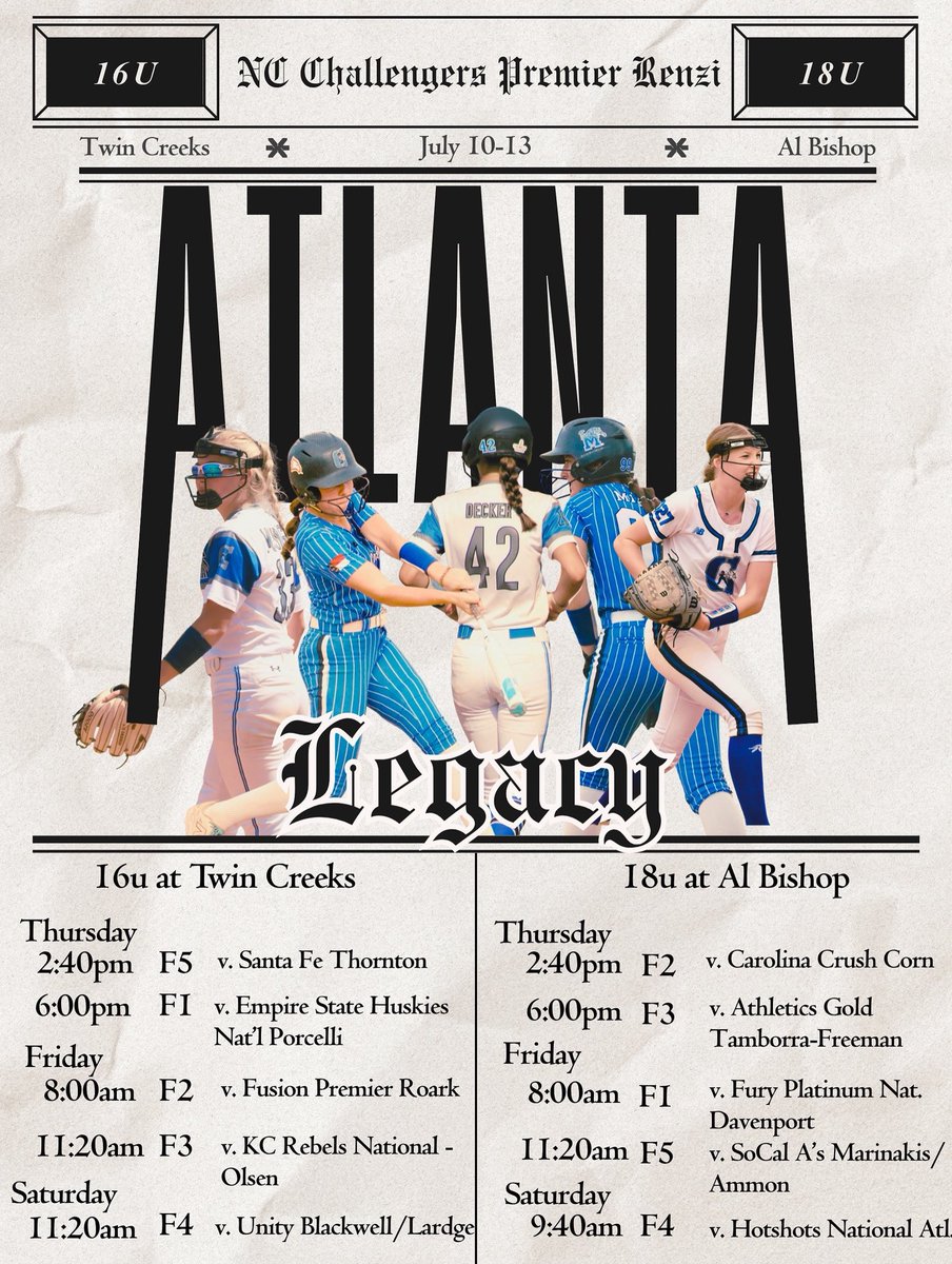 🔥 ATL bound! 🔥
NC Challengers Premier Renzi is headed to the Atlanta Legacy Showcase! Let’s make some noise and leave our mark on one of the biggest stages in the game!
📍 Atlanta, GA
📆 #LegacyShowcase25
🟥 #NCChallengersPremierRenzi

#AtlantaLegacy #PremierMentality