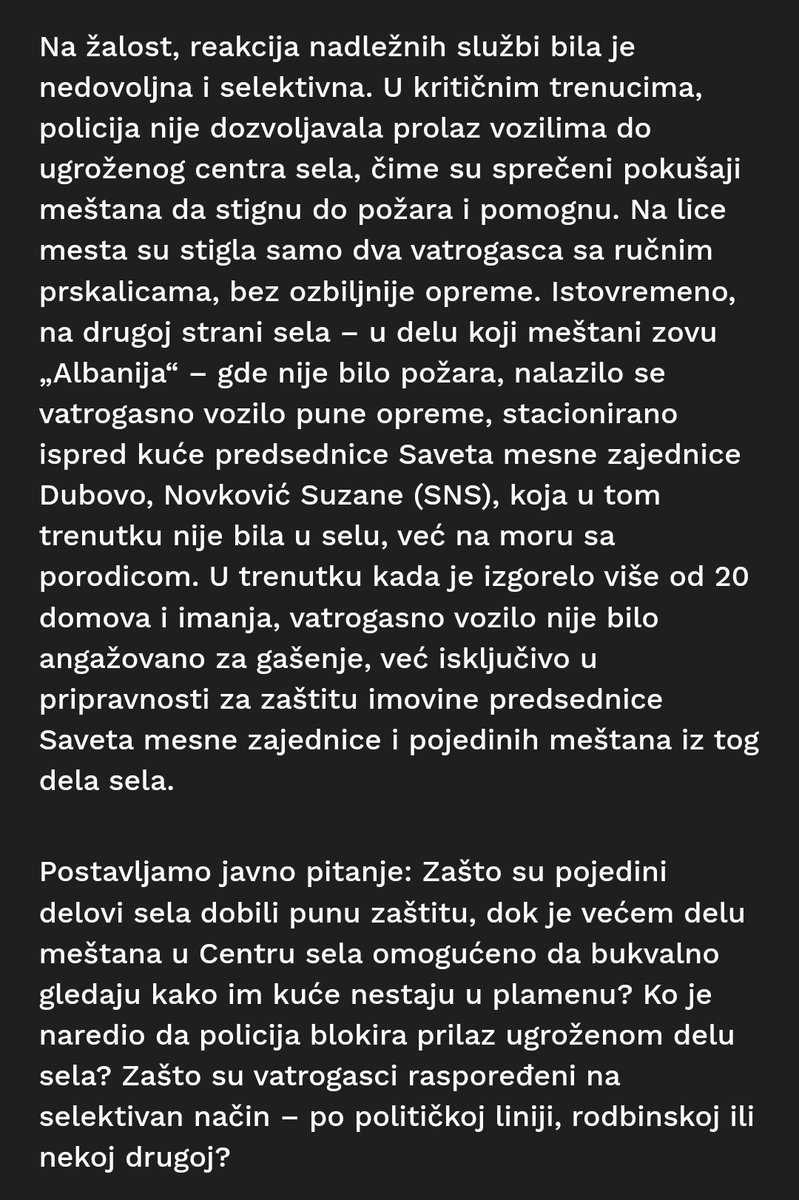 Pošto kriminalni režim nema trunku savesti ni u najtežim situacijama, mi smo jedni drugima sve što imamo.

(tekst je deo otvorenog pisma meštana sela Dubovo)