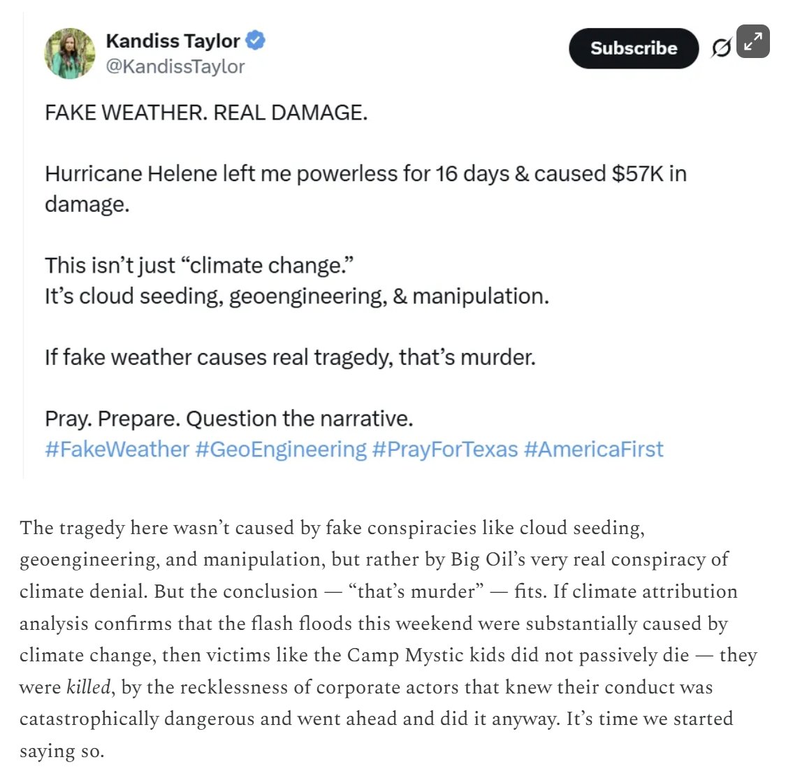 MAGA pols are spinning crazy conspiracies about the TX floods. But the carnage this weekend *is* the result of a conspiracy -- by Big Oil to deceive the public about climate change, despite knowing their products would floods like the one that swept over Camp Mystic.