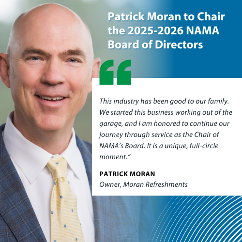 Patrick Moran, owner of Moran Refreshments, begins his term as NAMA Board Chair. With decades of leadership and advocacy, he’ll lead a strong group of officers and directors into 2025–2026: namanow.org/patrick-moran-…