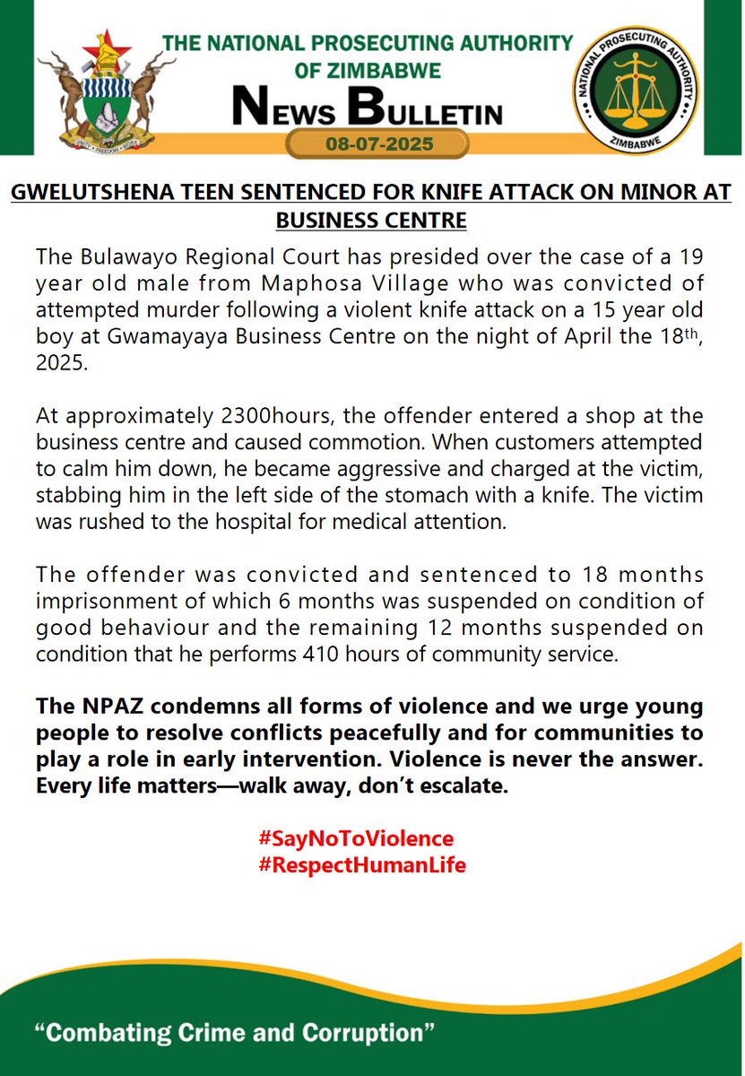 National Prosecuting Authority of Zimbabwe (@npazim) on Twitter photo Gwelutshena Teen Sentenced for Knife Attack on Minor at Business Centre
#CombatingCrimeAndCorruption
<a href="/gwasbuz/">george swarei</a> <a href="/SkyzMetroFM/">Skyz Metro FM</a> <a href="/breezefmstereo/">Breeze FM Victoria Falls</a> <a href="/ChronicleZim/">The Chronicle</a> <a href="/NewZimbabweCom/">NewZimbabwe.com</a> <a href="/ZBCNewsonline/">ZBC News Online</a> <a href="/HeraldZimbabwe/">The Herald Zimbabwe</a> <a href="/khulumanifm95/">Khulumanifm Radio</a> <a href="/3KtvZim/">3Ktv</a> <a href="/SundayNewsZimba/">Sunday News</a> <a href="/SundayMailZim/">The Sunday Mail (Zimbabwe)</a> <a href="/StarFMNews/">Star FM News</a> <a href="/263Chat/">263Chat.com 🇿🇼</a> Gwelutshena Teen Sentenced for Knife Attack on Minor at Business Centre
#CombatingCrimeAndCorruption
<a href="/gwasbuz/">george swarei</a> <a href="/SkyzMetroFM/">Skyz Metro FM</a> <a href="/breezefmstereo/">Breeze FM Victoria Falls</a> <a href="/ChronicleZim/">The Chronicle</a> <a href="/NewZimbabweCom/">NewZimbabwe.com</a> <a href="/ZBCNewsonline/">ZBC News Online</a> <a href="/HeraldZimbabwe/">The Herald Zimbabwe</a> <a href="/khulumanifm95/">Khulumanifm Radio</a> <a href="/3KtvZim/">3Ktv</a> <a href="/SundayNewsZimba/">Sunday News</a> <a href="/SundayMailZim/">The Sunday Mail (Zimbabwe)</a> <a href="/StarFMNews/">Star FM News</a> <a href="/263Chat/">263Chat.com 🇿🇼</a>