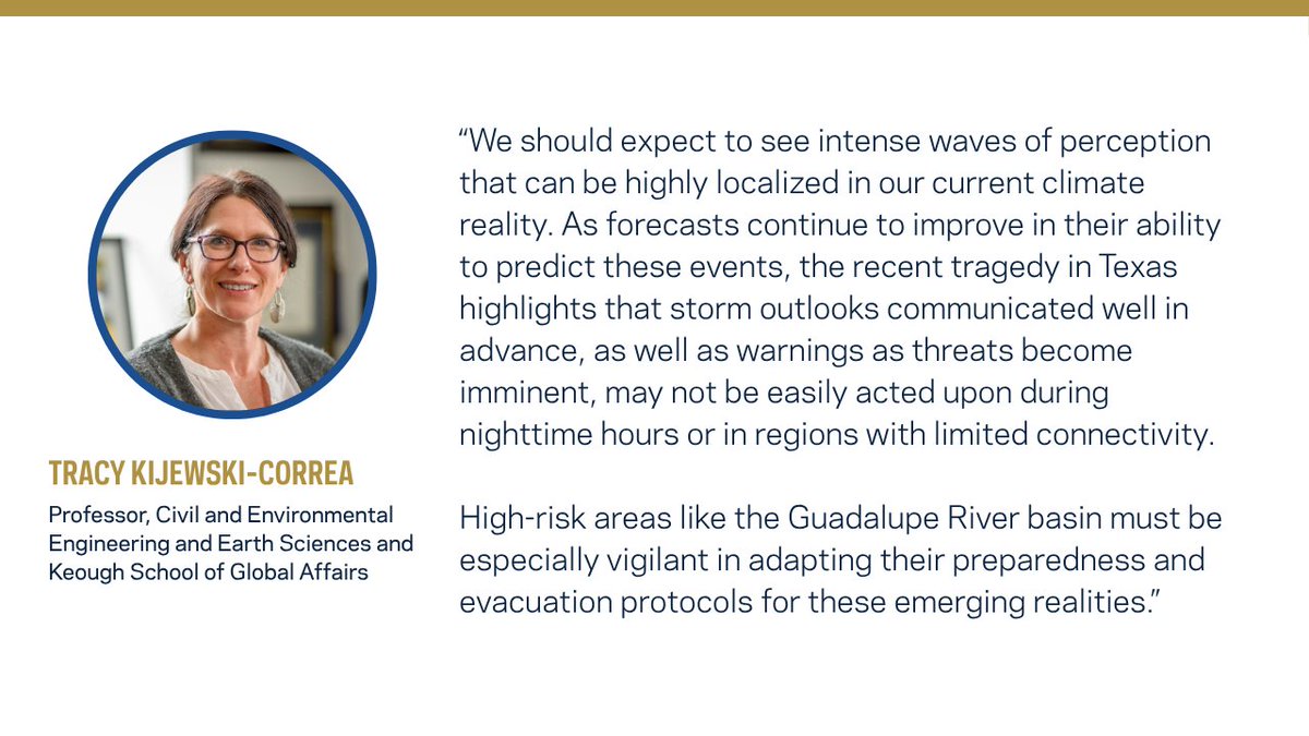 Tracy Kijewski-Correa's research focuses on disaster risk reduction and links science and technology to communities in greatest need.

About the recent flood disasters in TX and NC, she said the new climate reality requires vigilance and preparedness.