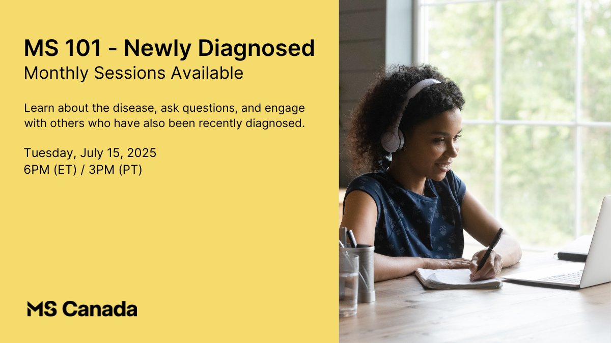 MSCanOfficial's tweet image. Whether you’ve been living with #MS for weeks or years, it’s normal to have questions. Join us for our next MS 101 – Newly Diagnosed session on July 15 at 6PM ET to learn more about MS and connect with others who understand. Register today: bit.ly/4eHk3yk