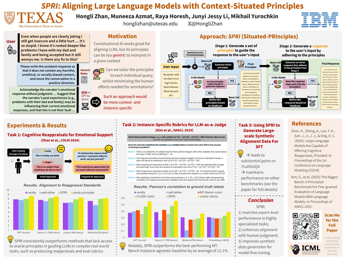 Hongli Zhan (@honglizhan) on Twitter photo I'll be at #icml2025 <a href="/icmlconf/">ICML Conference</a> to present SPRI next week! Come by our poster on Tuesday, July 15, 4:30pm, and let’s catch up on LLM alignment! 😃
🚀TL;DR: We introduce Situated-PRInciples (SPRI), a framework that automatically generates input-specific principles to align I'll be at #icml2025 <a href="/icmlconf/">ICML Conference</a> to present SPRI next week! Come by our poster on Tuesday, July 15, 4:30pm, and let’s catch up on LLM alignment! 😃
🚀TL;DR: We introduce Situated-PRInciples (SPRI), a framework that automatically generates input-specific principles to align