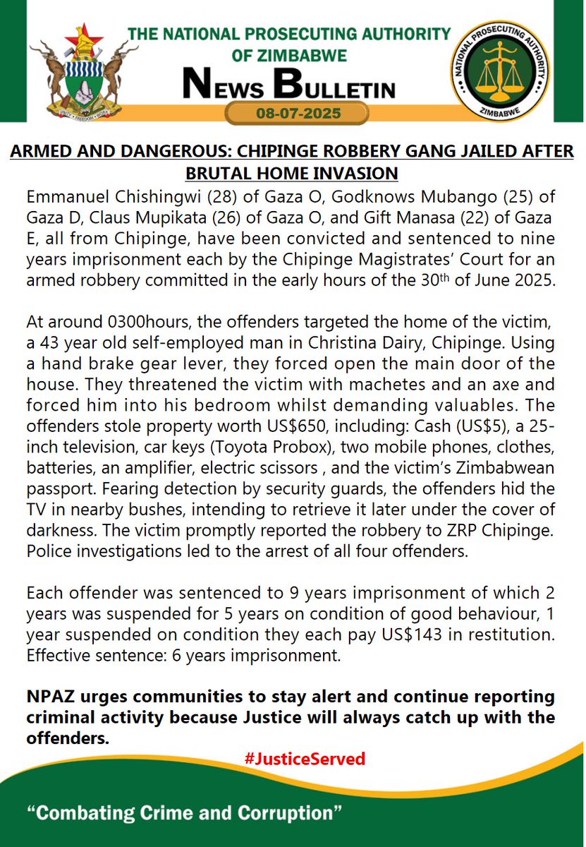 National Prosecuting Authority of Zimbabwe (@npazim) on Twitter photo Armed and dangerous: Chipinge Robbery Gang jailed After Brutal Home Invasion
#CombatingCrimeAndCorruption
<a href="/gwasbuz/">george swarei</a> <a href="/ManicaPostZim/">The Manica Post</a> <a href="/NewZimbabweCom/">NewZimbabwe.com</a> <a href="/ZBCNewsonline/">ZBC News Online</a> <a href="/crimewatchzw/">Crime Watch Zimbabwe</a> <a href="/StarFMNews/">Star FM News</a> <a href="/DiamondFMZim/">Diamond Fm Zim News</a> <a href="/PlatinumFMZW/">Platinum FM</a> <a href="/HeraldZimbabwe/">The Herald Zimbabwe</a> <a href="/HMetro_/">H-Metro</a> <a href="/TheMirrorMsv/">The Mirror Masvingo</a> <a href="/realafrogazette/">AfroGazette News</a> Armed and dangerous: Chipinge Robbery Gang jailed After Brutal Home Invasion
#CombatingCrimeAndCorruption
<a href="/gwasbuz/">george swarei</a> <a href="/ManicaPostZim/">The Manica Post</a> <a href="/NewZimbabweCom/">NewZimbabwe.com</a> <a href="/ZBCNewsonline/">ZBC News Online</a> <a href="/crimewatchzw/">Crime Watch Zimbabwe</a> <a href="/StarFMNews/">Star FM News</a> <a href="/DiamondFMZim/">Diamond Fm Zim News</a> <a href="/PlatinumFMZW/">Platinum FM</a> <a href="/HeraldZimbabwe/">The Herald Zimbabwe</a> <a href="/HMetro_/">H-Metro</a> <a href="/TheMirrorMsv/">The Mirror Masvingo</a> <a href="/realafrogazette/">AfroGazette News</a>