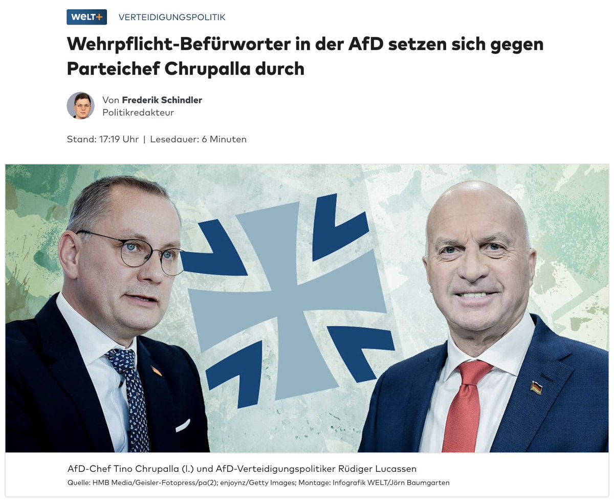 Freddy2805's tweet image. AfD-Chef Tino Chrupalla lehnte es seit Jahren ab, während des Ukraine-Kriegs eine Wiedereinsetzung der Wehrpflicht zu fordern. Nach harten Auseinandersetzungen gibt er sich den Verteidigungspolitikern geschlagen. Meine Analyse @welt welt.de/politik/deutsc…