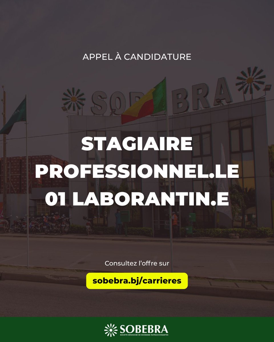 #Jobalert I La SOBEBRA recrute un (e) Chef.fe Service Logistique Quai
Consultez l'offre ici 👉 Offres d’emplois – SOBEBRA

Déposez votre dossier à la Direction Générale de la SOBEBRA, sous plis fermé avec la mention « Candidature au poste de Chef Service Logistique Quai » avant