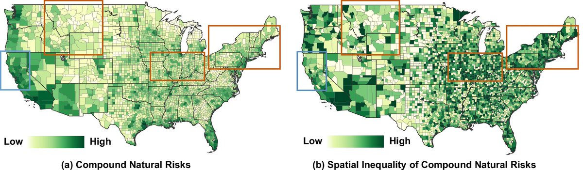 Compound natural risks and spatial inequality across US counties, highlighting regions with contrasting risk and inequality levels.

From: npj Urban Sustainability share.google/Rw1ZIaCJu4cq5w…