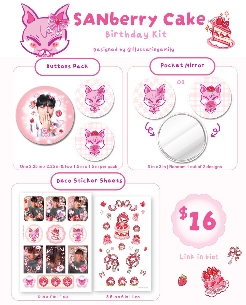 🍓🎂PRE0RDERS OPEN UNTIL 7/19🎂🍓 
Made a strawberry cake themed birthday kit for San!  L1nk in replies! :) Likes and retweets are appreciated! 

 #choisan #ATEEZfanart